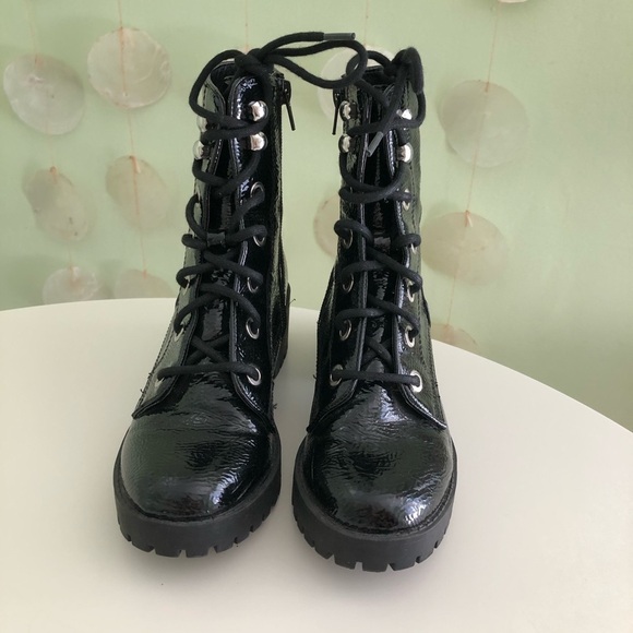 Steve Madden Patent Leather Chunky Platform Combat Moto Boots - Picture 8 of 12